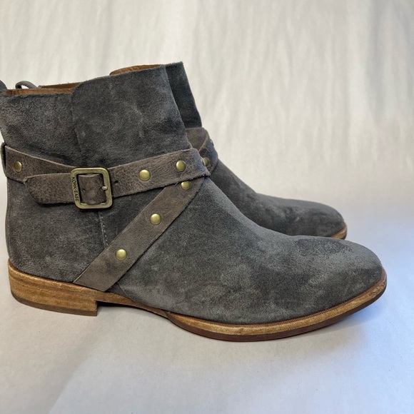 Kork Ease Kenai Gray Suede Boots Booties Ankle Buckle Strap Moto Boho - Picture 4 of 7